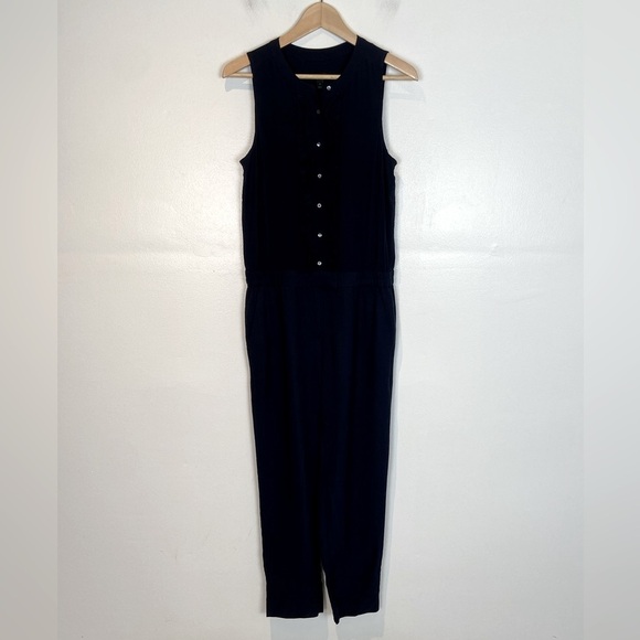 J. Crew Silk Mixed Media Women's Jumpsuit Size 4 Blue Elastic Waist Pocket - Picture 1 of 13
